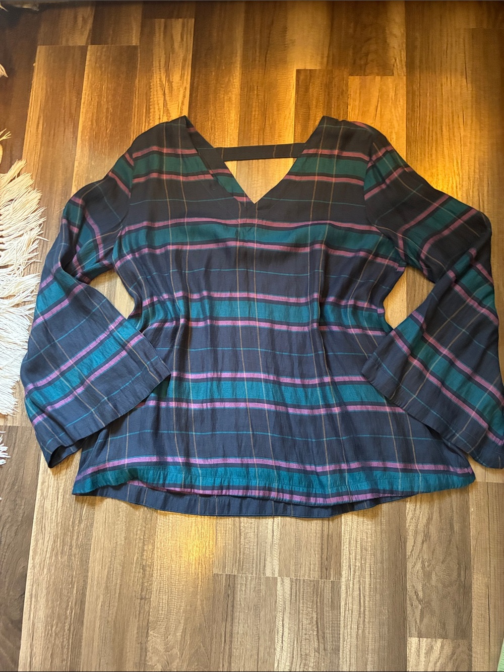 LOFT- V-Neck Striped Bell-Sleeve Women's Top in Teal & Purple- Size Large